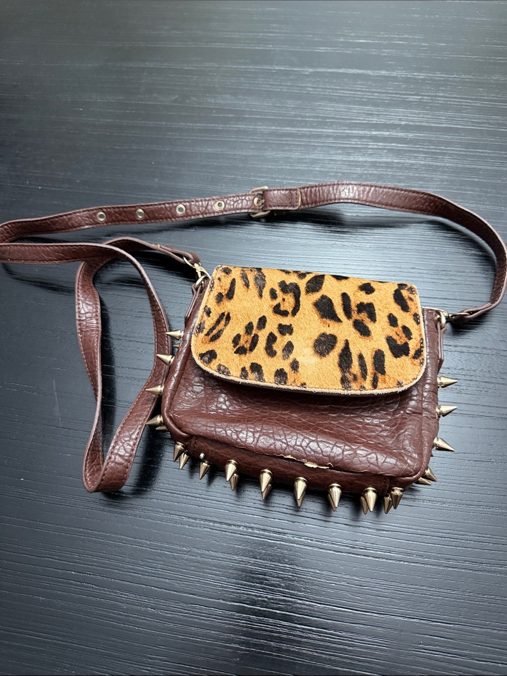 Brown Leopard Accent Crossbody Bag with Spike Studs